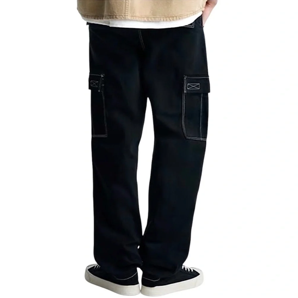 ZARA Denim Cargo Pants 34 Brown Topstitched Straight Baggy Drawstring Leg